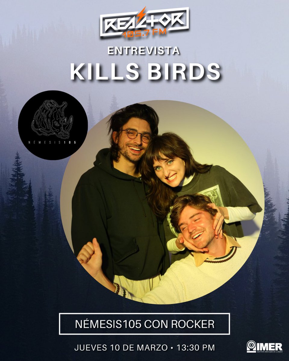 Reactor105's tweet photo. Jueves lleno de entrevistas en #Némesis105. No se pierdan a @Rockerdrugo con las pláticas que tendrá con #BuildAVista para presentarnos "No Sé Ni Quien Soy", y a @killsbirdsmusic previo a su visita en México la prox. semana 🦏😃 https://t.co/Wh6BBdKagW