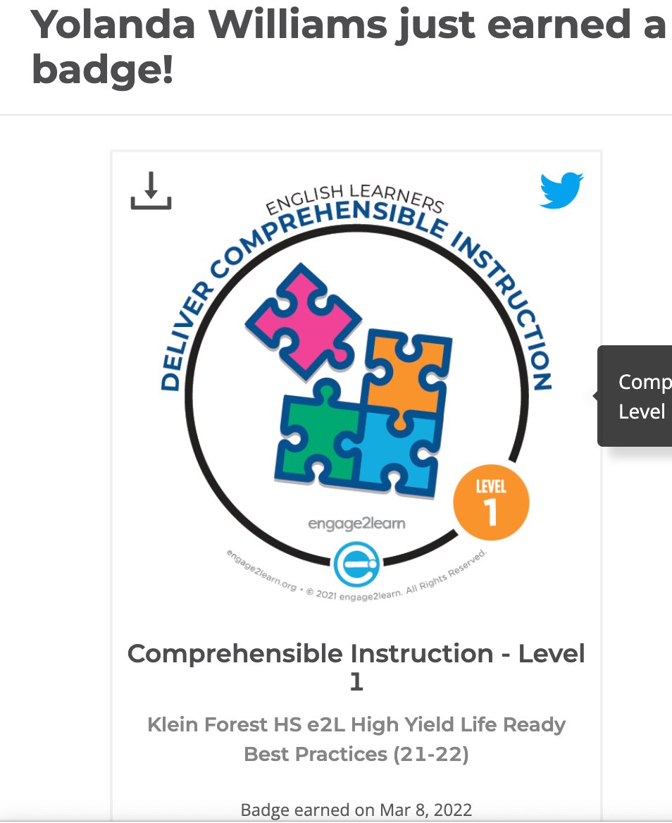 1knesbit's tweet photo. Yolanda Williams just earned a Level 1 Badge on the standard Deliver Comprehensible Instruction. Way to grow! #engage2learn @KleinForest @KleinISD https://t.co/tpIvbq4SE2