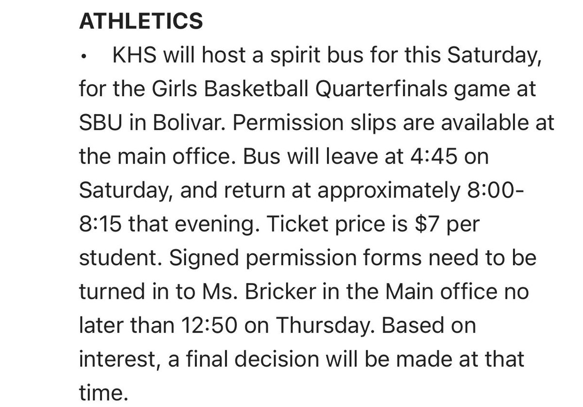 STUDENTS!! If you are going to be in town this Saturday, hop on the spirit bus to support the Lady Chiefs. Information below.🏀