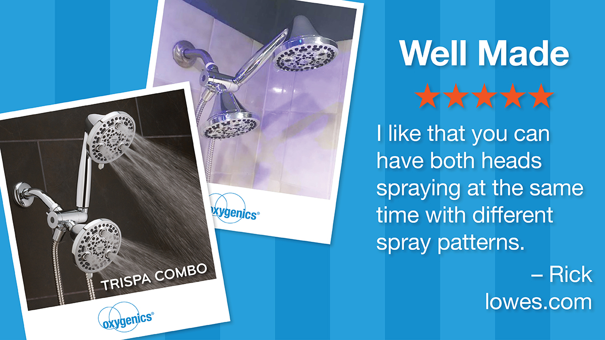 oxygenics's tweet image. ⭐⭐⭐⭐⭐This shower head has multiple spray configurations. “I like that you can have both heads spraying at the same time with different spray patterns... Best shower head I’ve had so far.” Available @Lowes low.es/3Cmj2bG #best #trispa #combination #5star #review