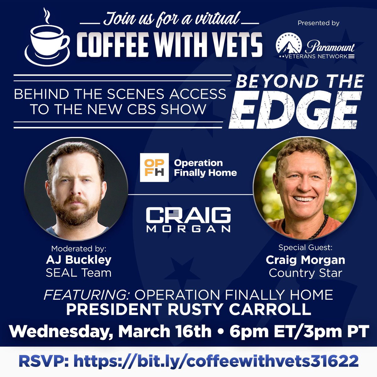 ParamountVetNet's tweet photo. Join us on 3/16 at 6pm ET!
#CoffeewithVets #BehindtheScenes access to @CBS’ #BeyondTheEdge w/ special guests @cmorganmusic (celebrity contestant) & Rusty Carroll of #OperationFinallyHome
Event will be moderated by @SEALTeam_pplus’ @AjohnBuckley
RSVP at https://t.co/MZxH8HgxkO https://t.co/O7nMi7toPa