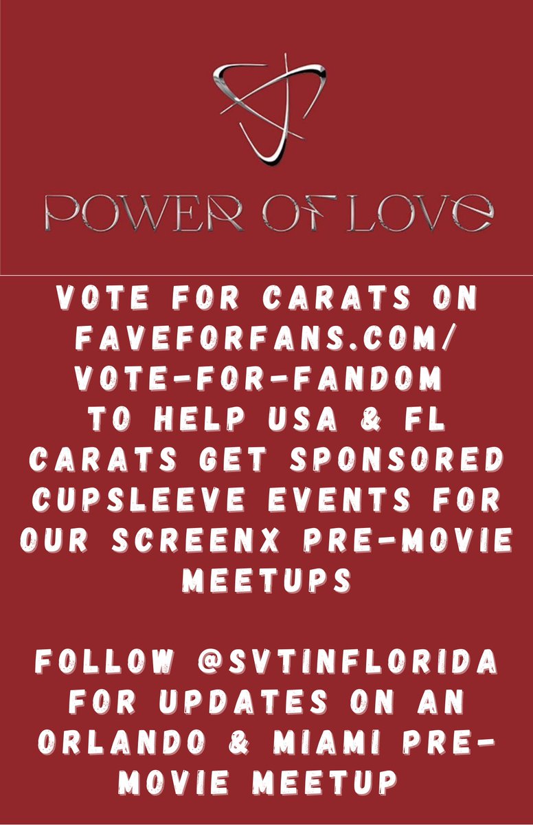SVTinFLORIDA's tweet photo. CALLIN ALL CARATS 🗣️
We're planning an APRIL meetup for MIA &amp; possibly ORL before the movie (date &amp; time TBA)
Please help us vote for Carats on https://t.co/9L61TZTEmN to help get us some nationwide sponsored cupsleeve events for the movie premiere! https://t.co/zOVWh2yHIu