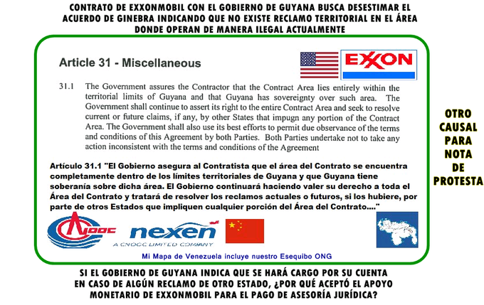 AntroCanal's tweet photo. #SabíasQue el Contrato de Concesión entre Guyana y Exxon, Art 31, indica que el Gob de Guyana asegura q el área de operaciones de dicha Transnacional estadounidense no está bajo ningún litigio o reclamo territorial, es decir, q desestiman el Acuerdo de Ginebra. #10Mar #MiMapa https://t.co/0GtZ5sjNUY