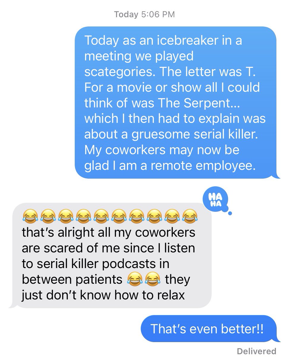 DrEjie's tweet photo. I really know how to impress/scare my coworkers. Bet there are people who are really glad their coworkers are remote employees or wish their coworkers would start working from home. ๐ Glad I have friends who get me. @netflix The Serpent was pretty good. #murdershow #truecrime https://t.co/QSrCLEdDDK