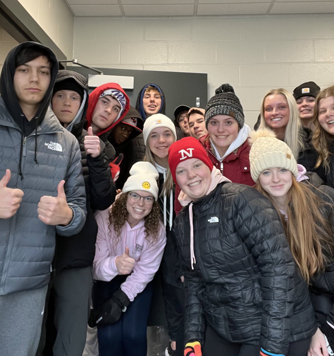 Some of our DCW NHS and StuCo members warming up before working at the Food Bank outside our elementary school tonight. It was a chilly one but these kids volunteered time and energy to help others. Great work team!