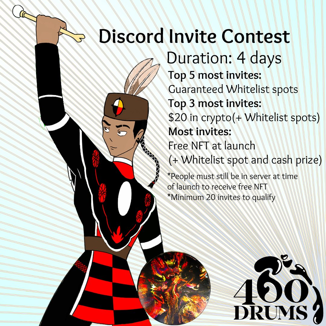 Come join our discord and get a place on our #Whitelist! We'll be giving away a #FreeNFT for whoever has the most invites, and other prizes! Become an ally
discord.gg/SWxf4BNktT

#NFT #nfts #NFTGiveaway #NFTCommunity #NativeTwitter #NativeDeFi #Invitecontest #TheDrumsAreWaking