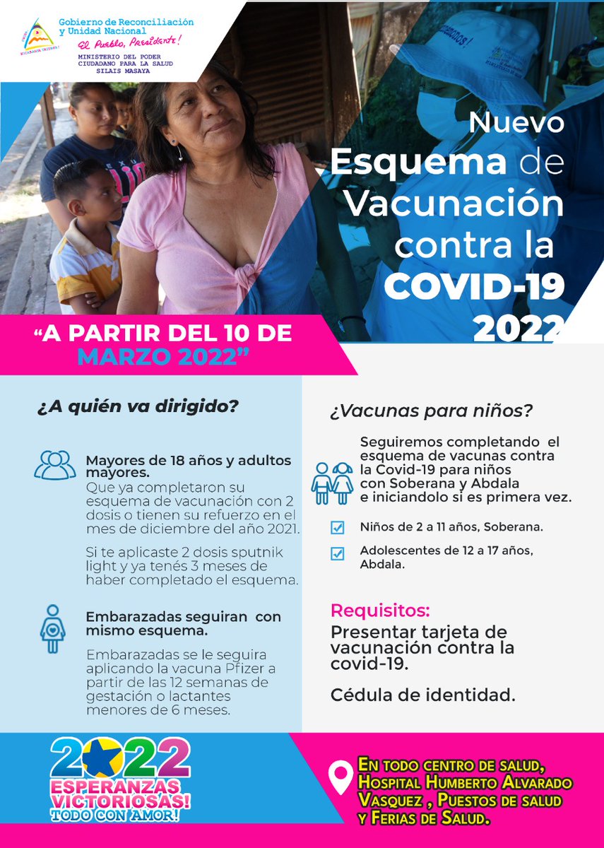 Nicaragua 🇳🇮 implementará nuevo esquema de Vacunación contra #COVID19 💉 apartir del #10Marzo 

🔊 Ya saben alisten sus tarjetas Todos:
- Mayores de 18 años
- Esquema completos
- 3 meses del refuerzo