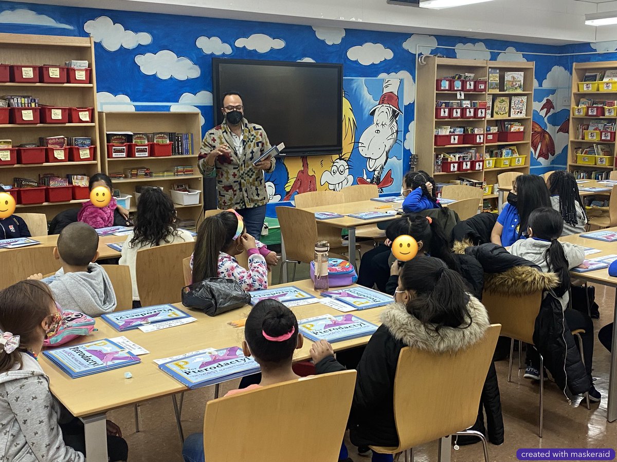 KarinSocci's tweet photo. Had so much fun with the kids! @StartLighthouse @AOC literacy program at PS214 @LHA12X214, learning about mixed up words with author #rajhalder of P is for Pterodactyl!
Also great use case for #maskeraid @caseyliss https://t.co/njjFjNcuwx