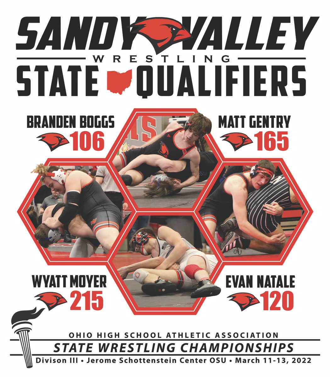 svlocalschools's tweet photo. Four Cardinal wrestlers qualified for the OHSAA State Wrestling Tournament: Matt Gentry, Wyatt Moyer, Branden Boggs - who was the District Champion, and Evan Natale! 

Join us at the Wellness Center at 5 tomorrow for a Cardinal send-off to state! Go Cards!!! #SVCardinalPride https://t.co/DittKqW6xx