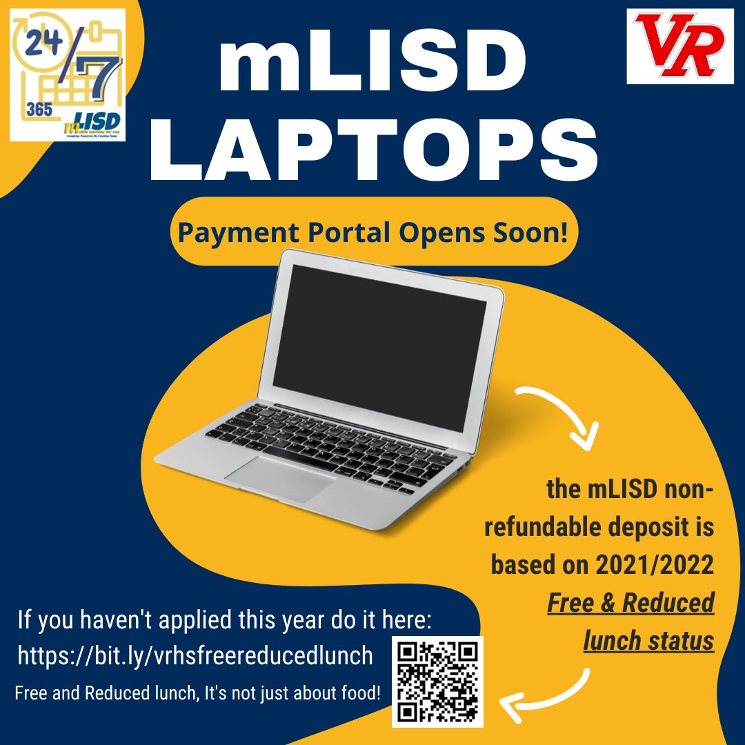 VistaRidgeHS's tweet image. Payment Portal for laptop non-refundable deposits opens soon!  To ensure that you pay the correct amount, make sure you have completed the free-reduced lunch application.  This application is not just about meals, but applies to many fees and services across the district. #mLISD