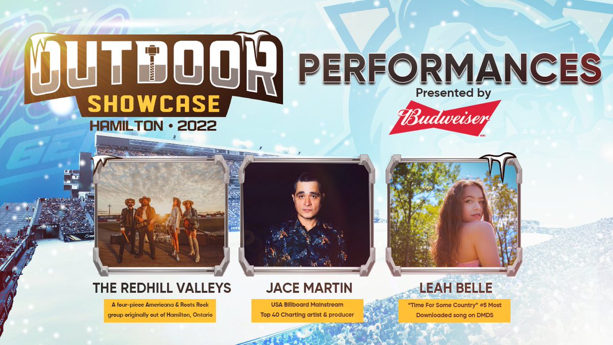 🎵 It wouldn't be an outdoor game without some pre-game and intermission performances. Join us as we welcome to the Budweiser stage @RedhillValleys, Leah Belle & @jacemartinmusic on Monday March 14th at 7pm. #HamONT | #DawgMentality