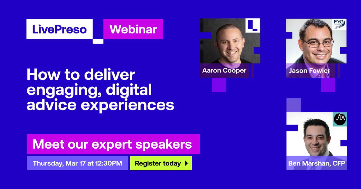 LivePreso's tweet photo. Don't forget to register for our wealth advice webinar next week 📈

Join Ben Marshan from @australianfpa, Jason Fowler from @FYGplanners and our CEO, Aaron Cooper, as we discuss how you can deliver engaging, digital wealth experiences.

Register today: https://t.co/9ePPdjimNv https://t.co/DouECtZG4q