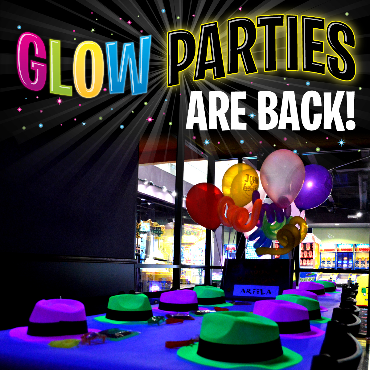 John's Incredible Pizza Company on X: 🌟 Glow Parties are back at John's!  Turn off the lights and turn on the fun! Glow parties include fun glow- in-the-dark lighting, glow accessories, and décor.