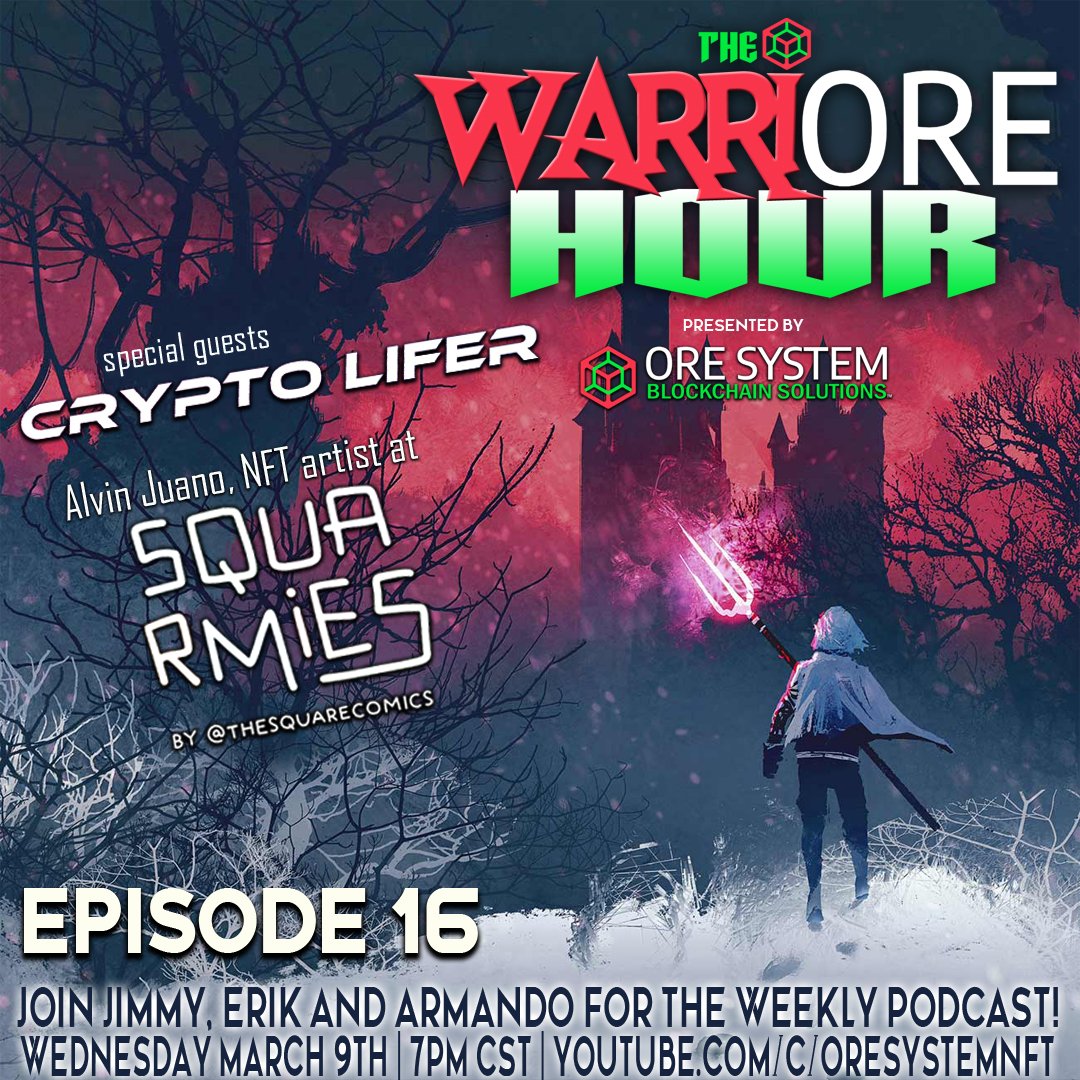 ORESystemInc's tweet photo. Tonight on THE WARRIORE HOUR we have special guests @CryptoLifer33 and NFT artist Alvin Juano from @squarmies - dont miss out! 7pm CST on YouTube!

https://t.co/HAigq0vELL

#NFT #NFTs #crypto #cryptocurrency #blockchain #smartchain #binance #artist #Computertechnology https://t.co/7neHE21UB0