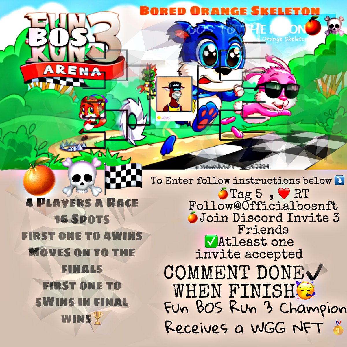 officialbosnft's tweet photo. 16Spots Available will keep track of who joins on discord  https://t.co/bEIwHjWNl8 once lobby is filled will announce race date!🍊☠️🎮 

BOS Holders Only!🍊☠️ 
#Wildgoatgang #NFT @WildGoatGangNFT #NFTGiveway 
Follow instructions below for entry⤵️ https://t.co/KWdpHrbmWP