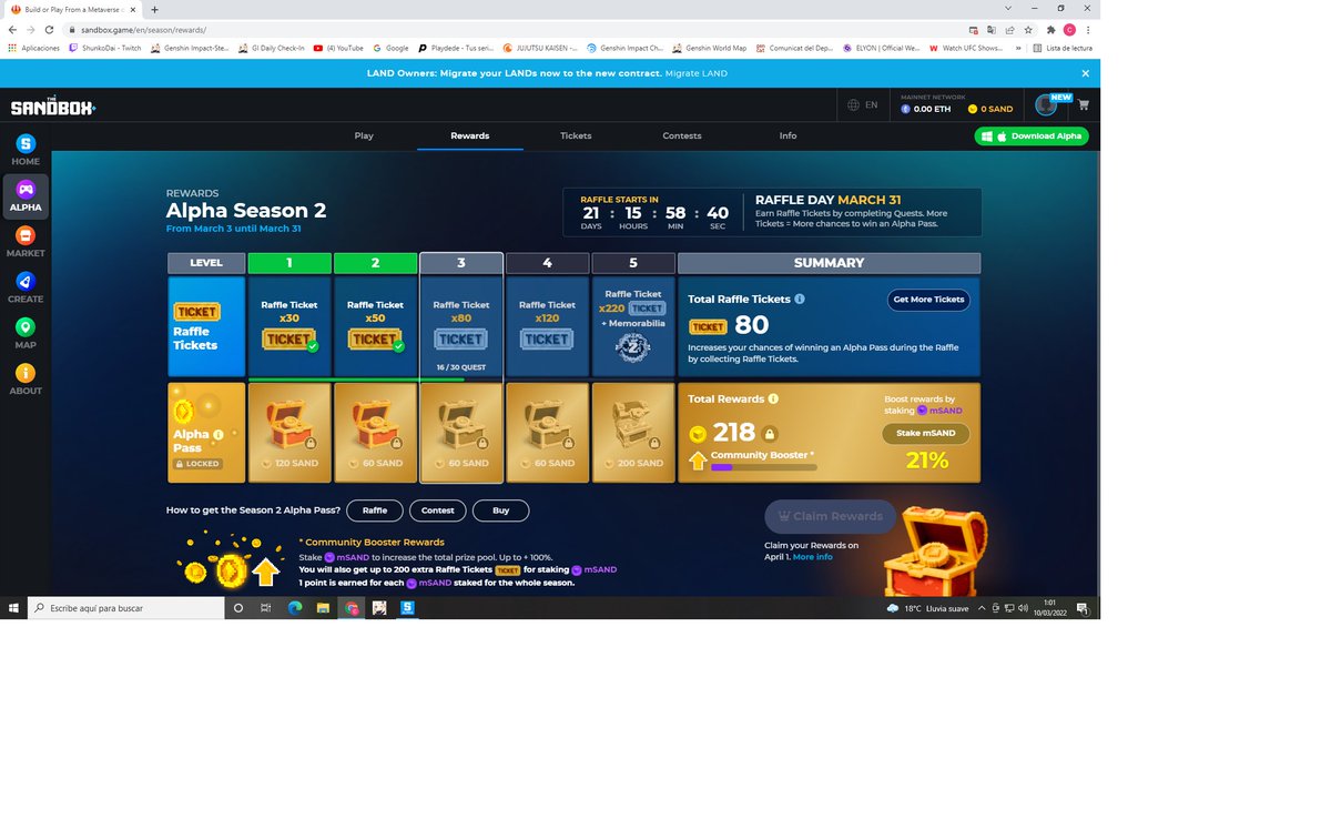 Curaga3's tweet photo. @TheSandboxGame I just participated in the daily #SandboxAlphaS2Contest for a chance to earn up to 1,000 $SAND! Starting March 9 -  Show your Raffle Tickets. Check out my screenshot below! 👇 #SandboxAlphaS2 https://t.co/Z6iirlowRY