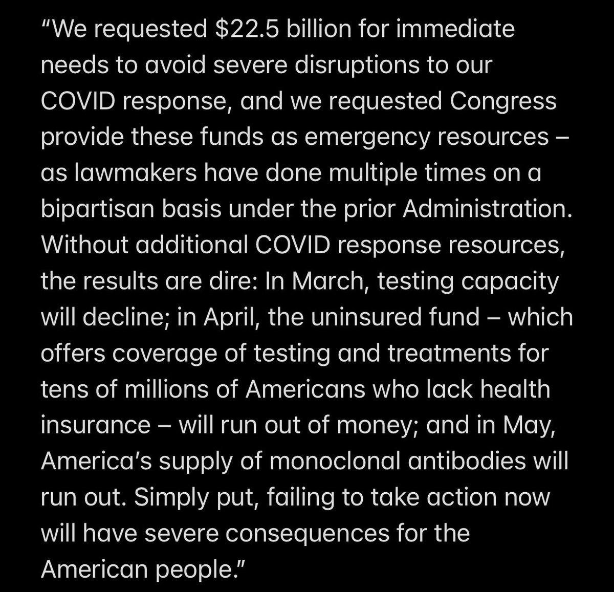 adamcancryn's tweet image. New White House statement on the Covid funding debacle warns that billions are needed to “avoid severe disruptions” — including declining testing capacity this month and the exhaustion of the uninsured fund in April. 

The full statement: