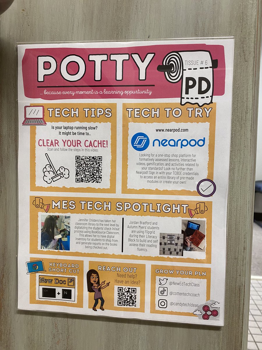 🧻 Tissue 6 of #pottypd hit the faculty stalls @MunfordElem today featuring a video on how to clear your cache, @nearpod, @NewEdTechClass, @candytechideas, @jbradford2nd, and Mrs. Waters and Mrs. Myers. @TCBOE #leadingtheway #edtech