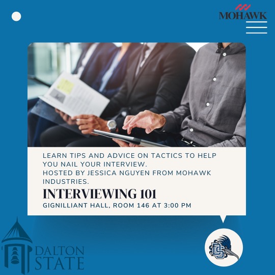 DaltonStateWSoB's tweet image. Join us tomorrow in room 146 of Gignilliant Hall for interviewing 101 at 3:00 pm. Learn tips and advice on how to be a professional when interviewing for a job. ✏️
#BeepBeep #Interviewing101