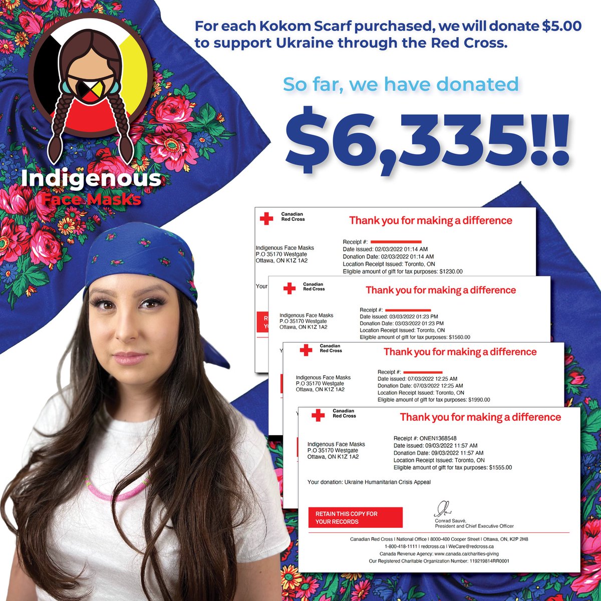 For every #KokomScarf purchase, we will donate $5 CAD to support Ukraine through the <a href="/redcrosscanada/">Canadian Red Cross</a> Together, we've raised $6,335!!

(Kokom means Grandmother in our #Indigenous language)  IndigenousFaceMasks.ca