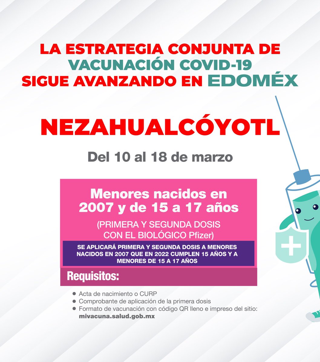 alfredodelmazo's tweet photo. Del 10 al 18 de marzo aplicaremos la primera y segunda dosis a los menores nacidos en 2007 y de 15 a 17 años en #Nezahualcóyotl. #EstrategiaDeVacunación https://t.co/KOJfcwPxpA