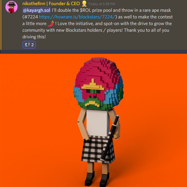 k4y4rgh's tweet photo. Whoa! So a bunch of community members donated their earnings for a big giveaway and then the CEO of the project steps up and does this! 2x the $ROL prize AND donate a rank 274/10,000 ape mask blockstar!

One downside, I can't win. One upside, YOU CAN! https://t.co/225Z6A44Q7