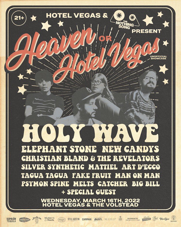 Join <a href="/HotelVegasATX/">HOTEL VEGAS</a> for Heaven or Hotel Vegas, a free unofficial #SXSW2022 showcase on March 16th! ✨ #ATX #SXSW #Austin <a href="/Holy_Wave/">Holy Wave</a> <a href="/ElephantStoneHQ/">Elephant Stone</a> <a href="/newcandys/">New Candys</a> <a href="/mattielworldwde/">Mattiel Ⓡ</a> <a href="/artdeccomsic/">Art d'Ecco</a> @manonmanmusic <a href="/psymonspine/">PSYMON SPINE</a> <a href="/wearemelts/">MELTS</a> <a href="/catcherbandbk/">Catcher</a> @bigbillband