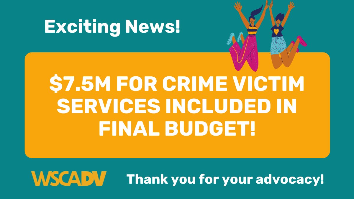 🎉 Great news! 🎉 Our priority this session was $7.5 million for crime victim services. This funding was included in the final operating budget! Thank you for your advocacy! #WeAreWSCADV