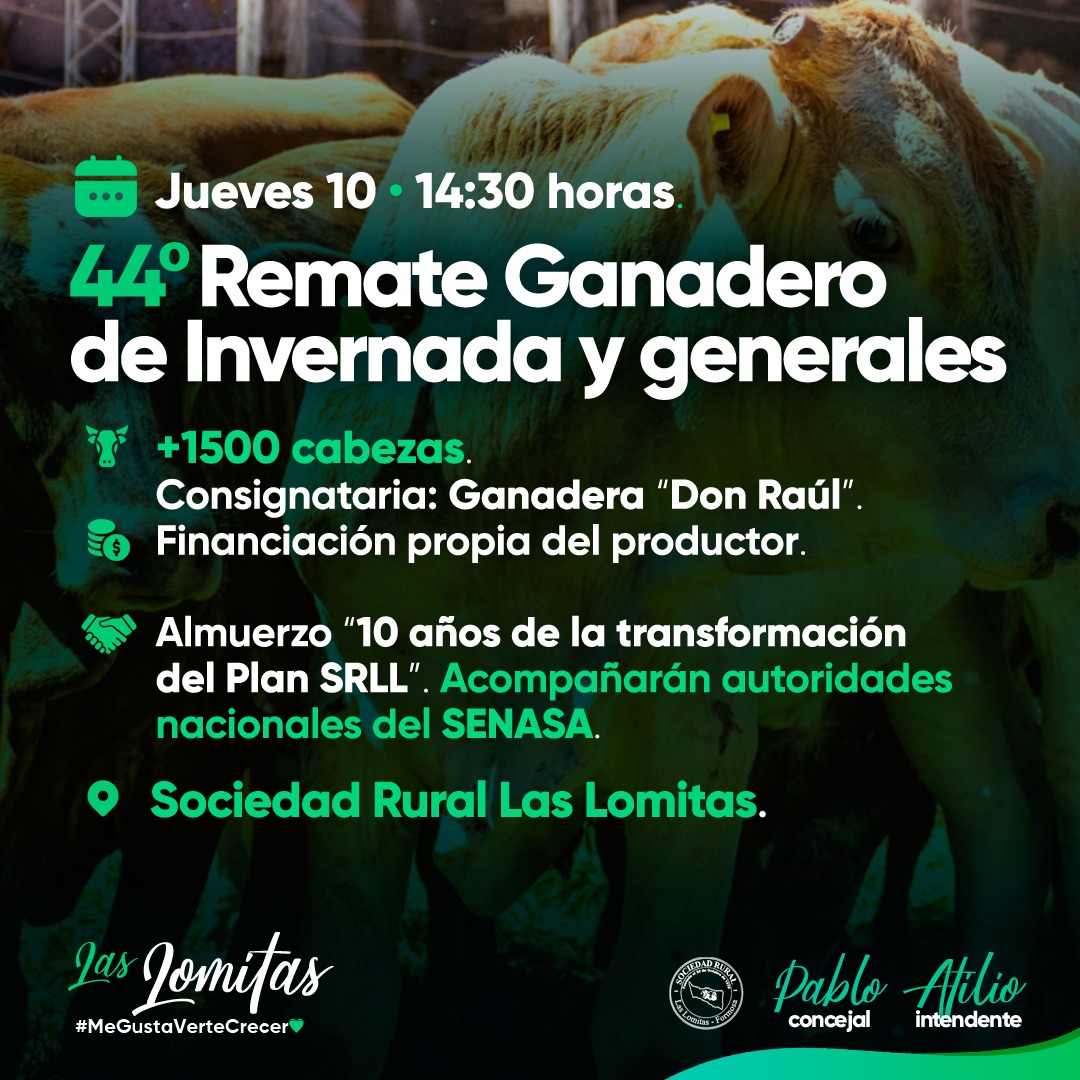 AtilioBasualdo's tweet photo. Apoyamos a los productores ganaderos de nuestra zona en esta jornada especial. ¡Todos invitados! 

#FormosaProduce #LasLomitas  
#AtilioBasualdo #PabloBasualdo 
#MeGustaVerteCrecer💚 https://t.co/KsWfRNA2UN