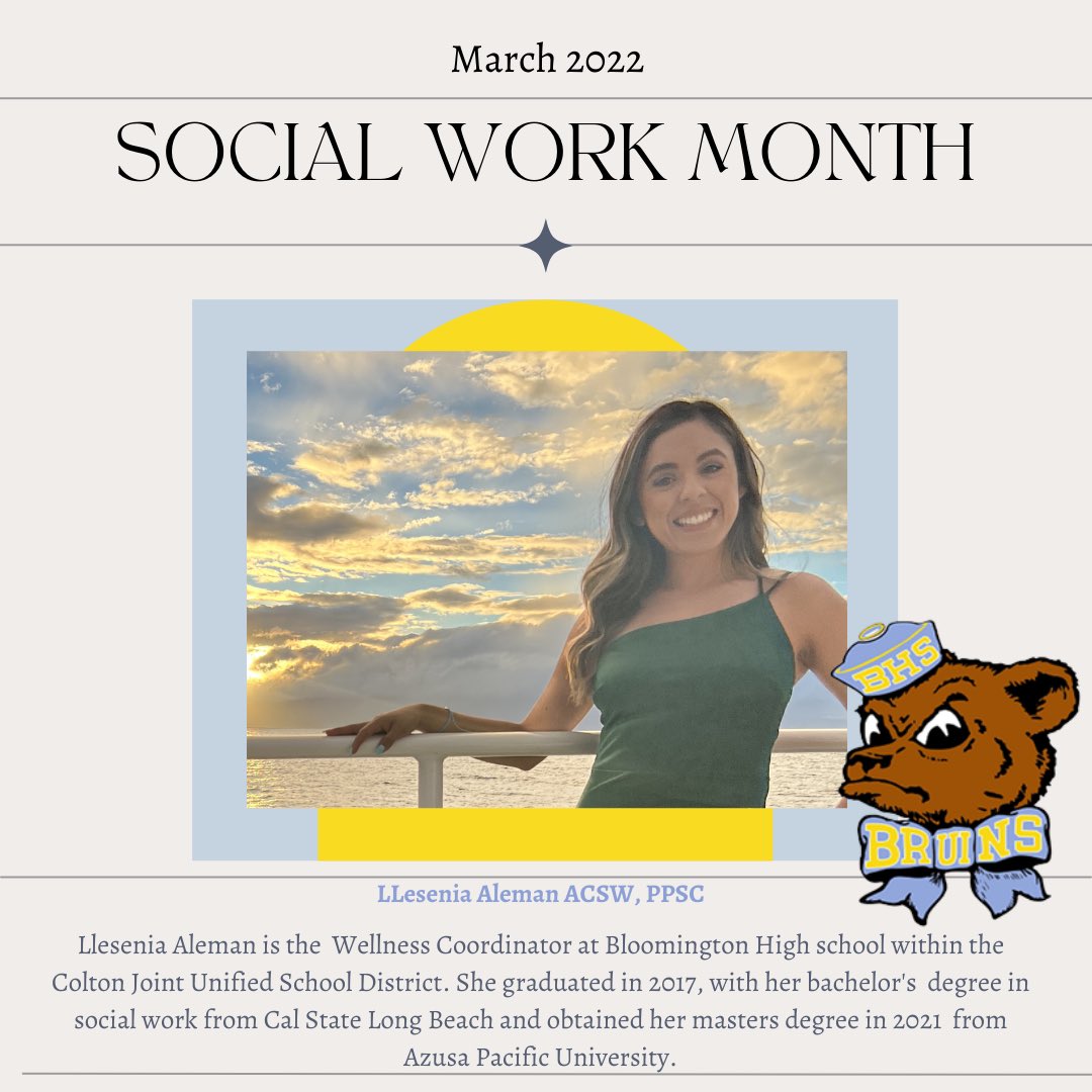 We want to highlight Llesenia Aleman our Wellness Center Coordinator at Bloomington High. Llesenia began her journey at CJUSD as a mental health intern while working on her masters degree in social work! 

@bruinswellness <a href="/cjusdstudentsvc/">CJUSD Student Svcs</a> <a href="/cjusd_mh/">Mental Health</a> <a href="/coltonjusd/">Colton Joint Unified</a> @bhs_bruin_pride