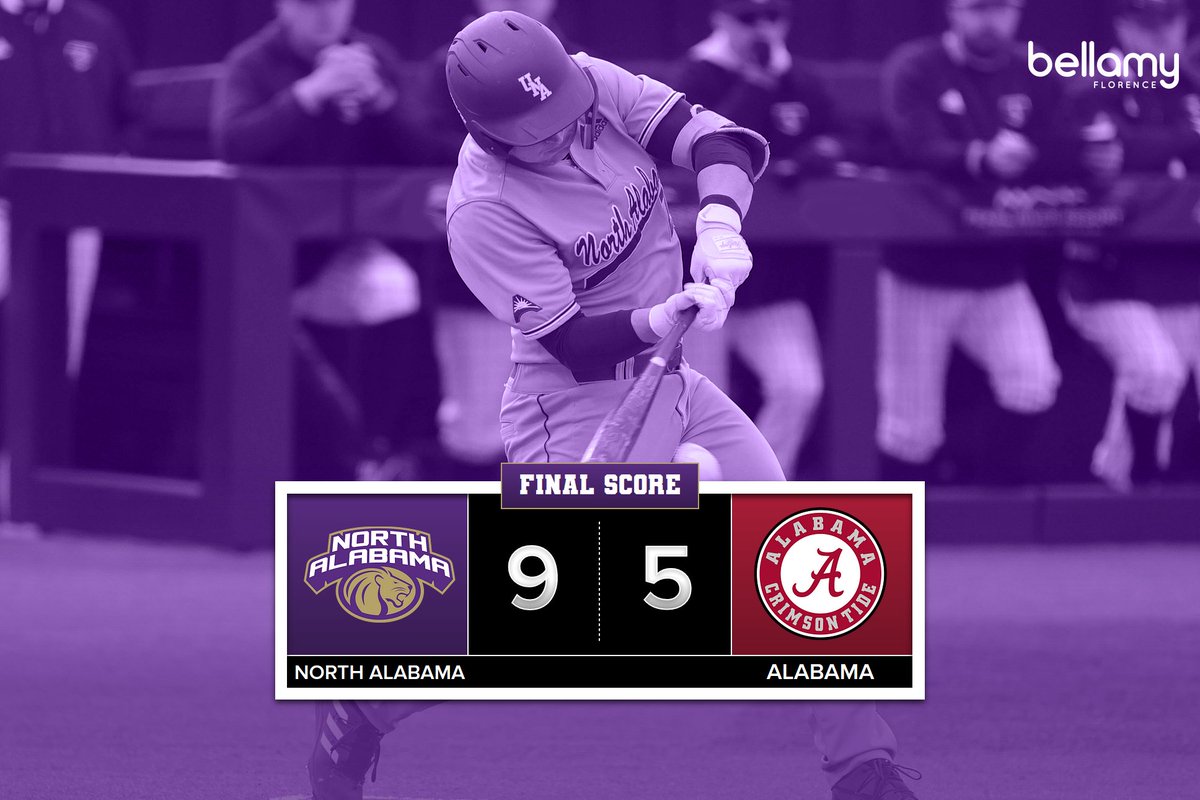 UNAAthletics's tweet photo. WE BEAT BAMA‼️ The North Alabama Lions take down the Tide in Tuscaloosa🦁⚾

Luke Harper had 4 hits and accounted for 5 runs🔥 Drew Hudson with the 3 run homer💥

#RoarLions https://t.co/5Q9ebPDnAq