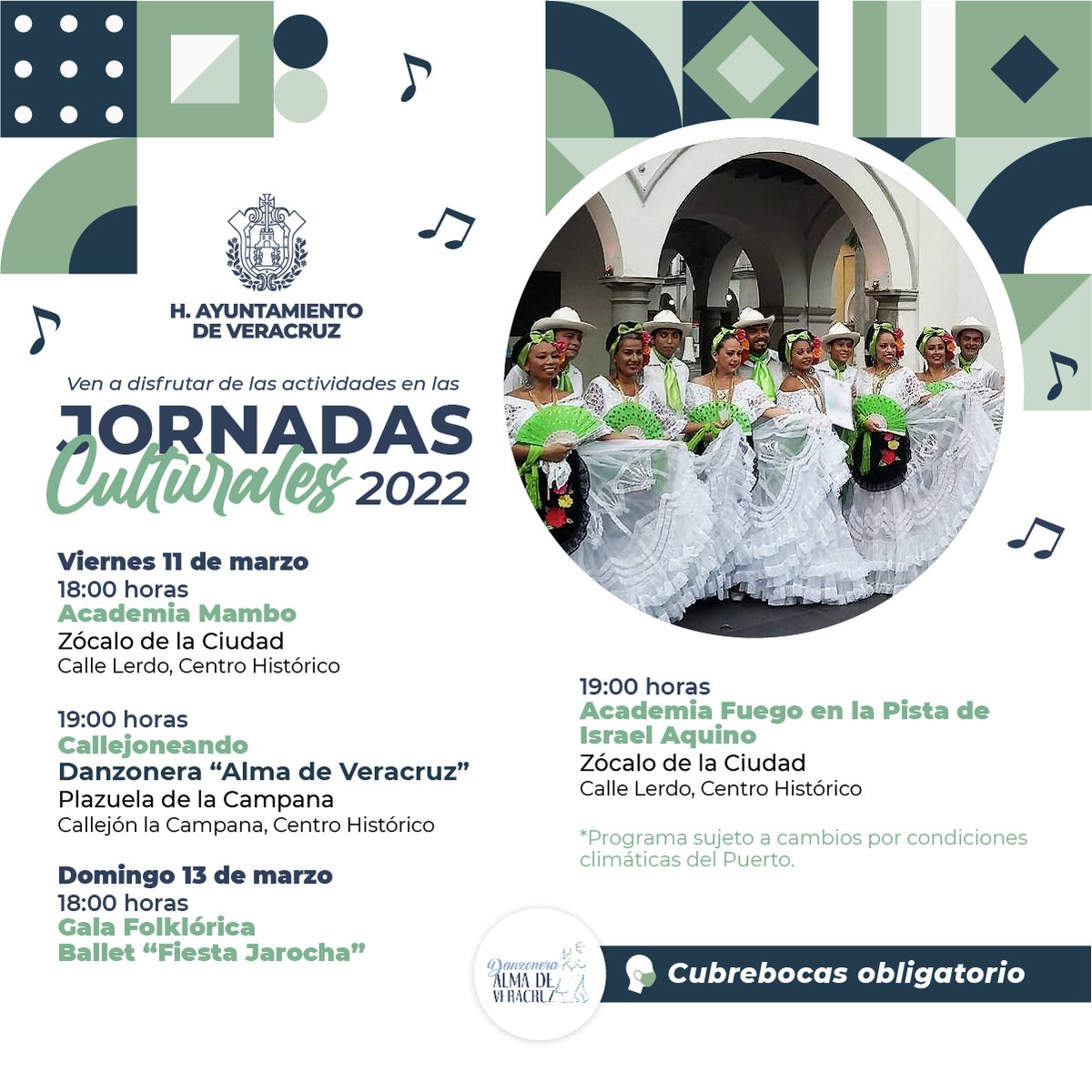 AyuntamientoVer's tweet image. Disfruta de un gran fin de semana en las Jornadas Culturales que se llevarán a cabo los días 11 y 13 de marzo.
Conoce los eventos que se realizarán. 👇🏻
Sigue las medidas sanitarias usando cubrebocas.