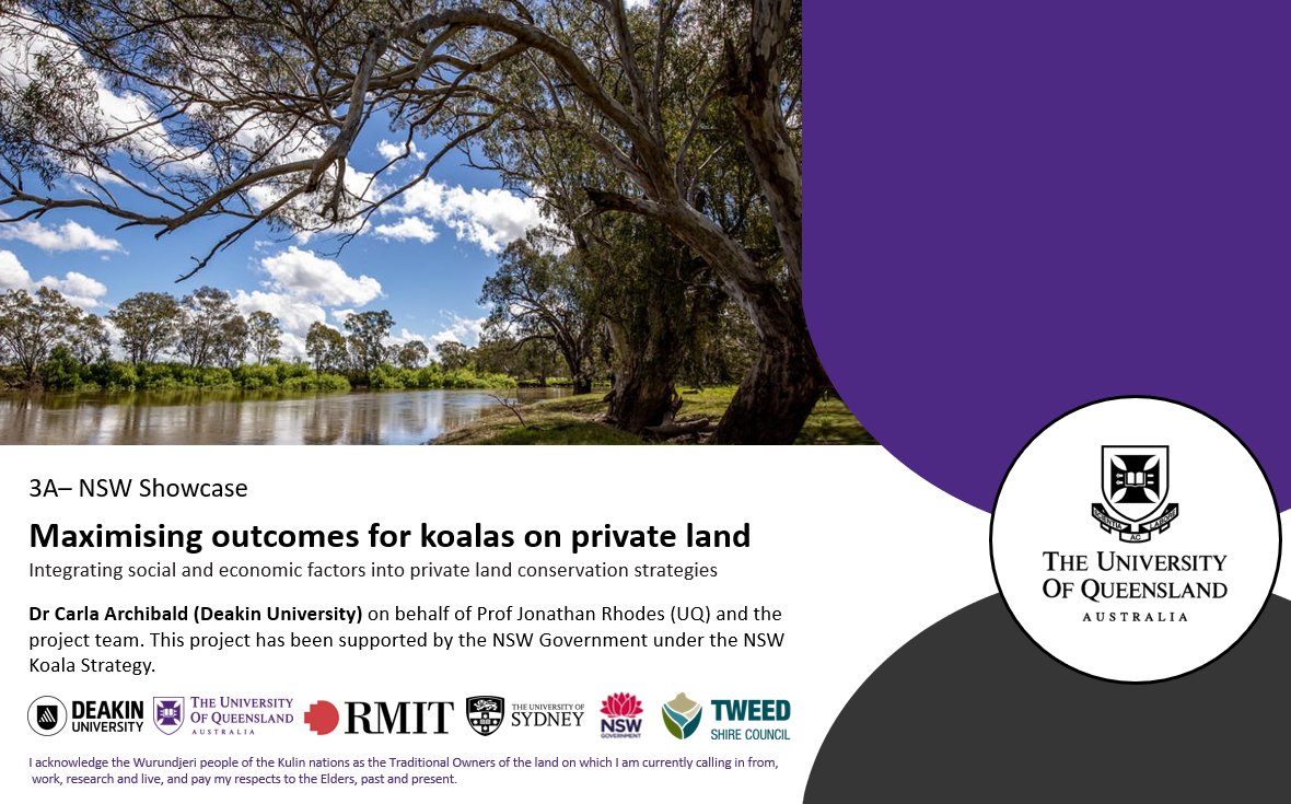 CarlaWildlife's tweet photo. I'll be speaking at the @LandAustralian Private Land Conservation Conference this afternoon in the NSW Showcase session. I will be sharing research done at @UQ_sees with @j_r_rhodes about "Maximizing outcomes for Koalas on Private Land"🐨 #ALCAPLC https://t.co/dZnMDeeVfT