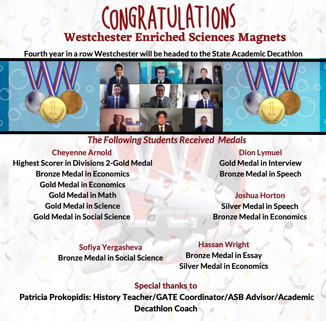 LASchoolsWest's tweet photo. Special shout-out to @WESMComets Academic Decathlon team as they compete for the CA Academic Decathlon this week! We’re very proud of you! @Wchester_LDWest @LASchools @LAUSDSup #GoComets #AcaDeca https://t.co/SzIZwz0jYm