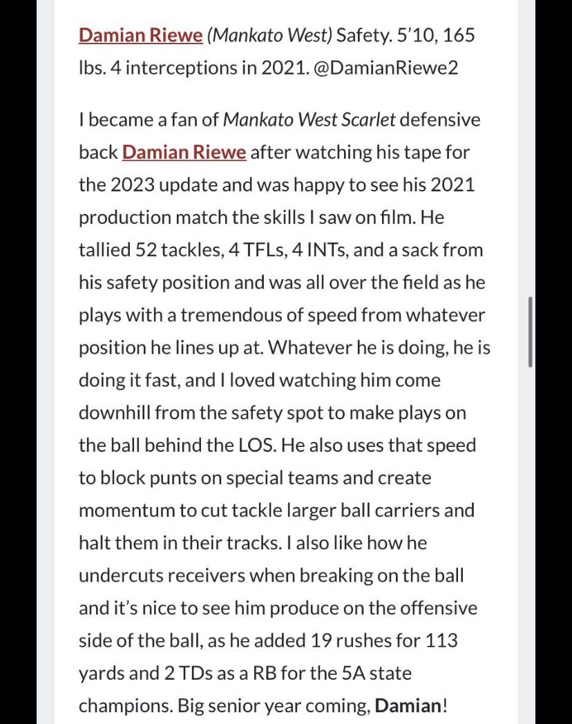DamianRiewe2's tweet photo. Thanks for the write up!! Can’t wait for the upcoming season!!! @jhelge1 @LetsPlayFB_MN @NSUWolves_FB @AugieFB @PrepRedzoneMN @OJW_Scouting https://t.co/vxcPha4qnE