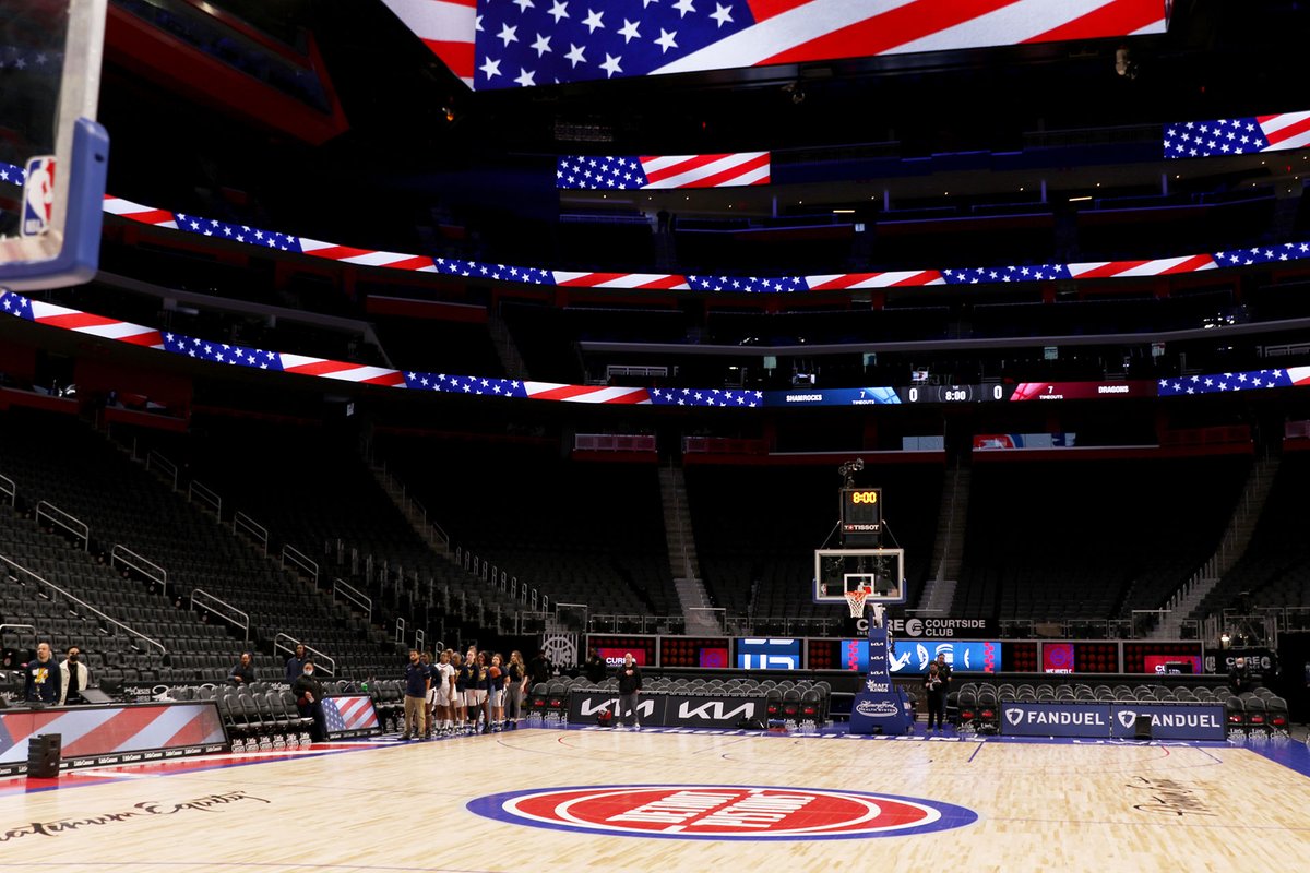 clintondalesch's tweet photo. The Dragons and Eastpointe Shamrocks were guests of the @DetroitPistons' Court of Dreams on Wednesday. While the outcome wasn't what we hoped for (34-29 loss), the memories of playing on an NBA court will last these girls a lifetime. #dragonfamily https://t.co/YNY9eXmwMs