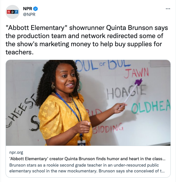 JarettSays's tweet photo. Abbott Elementary — plus Quinta Brunson and ABC — continue to not only make a great show but use that show to make the world a better place https://t.co/WinVCDNZl7
