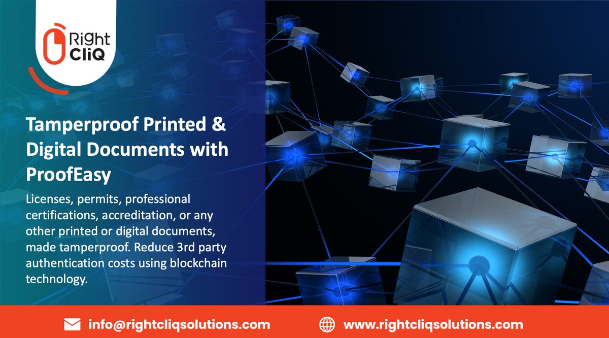 RightcliqS's tweet photo. Whether licenses, permits, professional certifications, accreditation, or any other printed or digital documents, make them tamperproof with  ProofEasy. Find out more here:  https://t.co/B4w7AWaWoV

#fraudprevention #blockchainsolutions #digitaltransformation https://t.co/a7JlhgOMhF