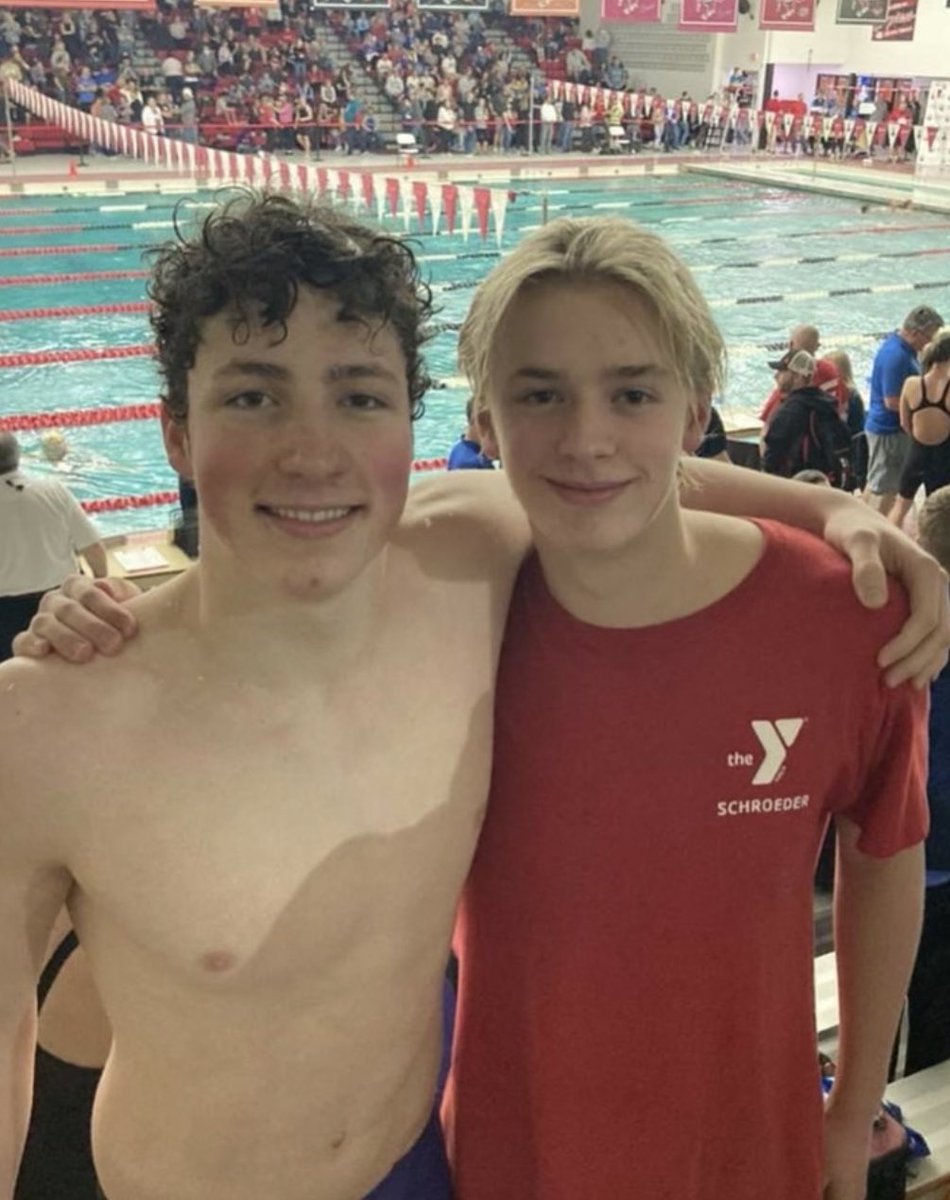 NEW STATE RECORD! Congratulations to John Paul Brostowitz (pictured right) of the Schroeder YMCA Swim Team who broke the Boys 13&amp;14 200 Yard Backstroke state record. John Paul’s time of 1:51.08 slid under the previous time set by teammate Jack Sullivan (pictured left). Congrats!