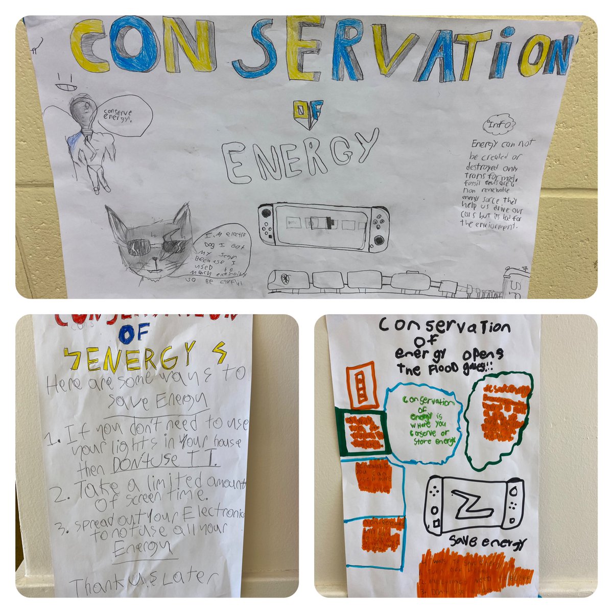 MissMHazzard's tweet photo. 5-1 has been working hard on their Conservation of Energy posters! We’ve been learning about what it means to be conscious energy users and coming up with strategies to save energy and protect the environment!  @LakeshorePS #science #education #environment https://t.co/iZxyJ8oV1U