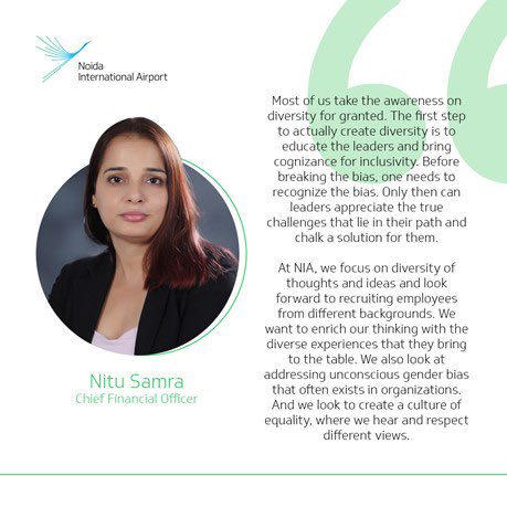 NIAirport's tweet photo. A gender-diverse workforce should be a business imperative across industry verticals. 
 
Ms. Nitu Samra, CFO at #NIAirport shares her thoughts on creating a culture of equality. 

#InternationalWomensDay https://t.co/NguZYh6BoY