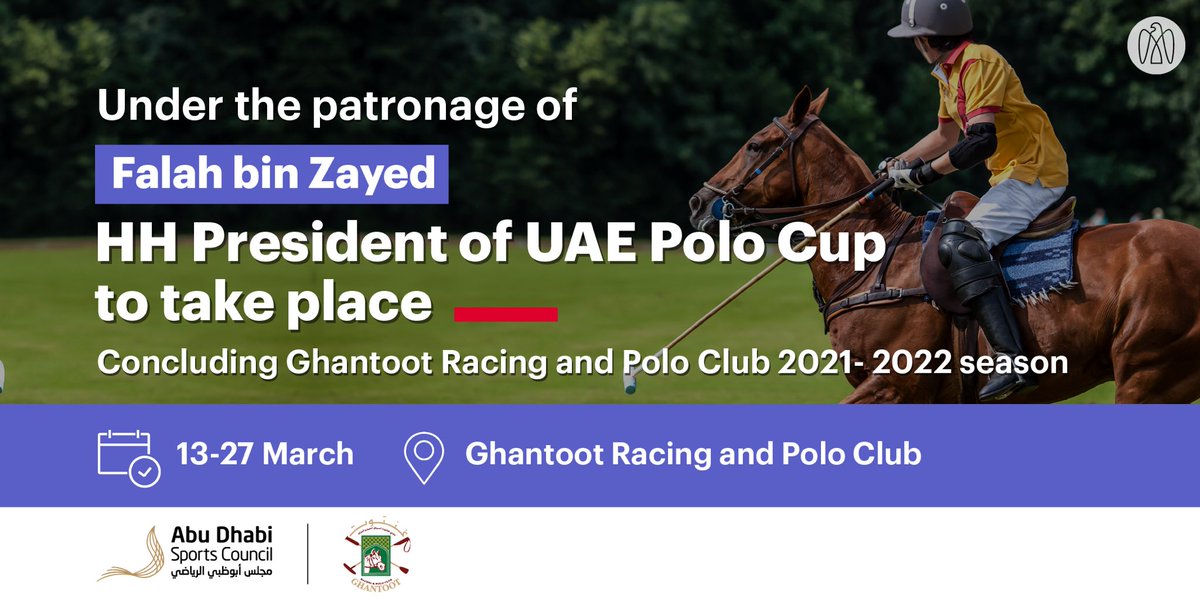 ADMediaOffice's tweet photo. Under the patronage of Falah bin Zayed, HH President of the UAE Polo Cup will take place from 13-27 March, supported by Abu Dhabi Sports Council and Emirates Polo Association. The 22nd edition of the championship concludes Ghantoot Racing and Polo Club’s 2021-2022 season. https://t.co/OGFXONaDGf