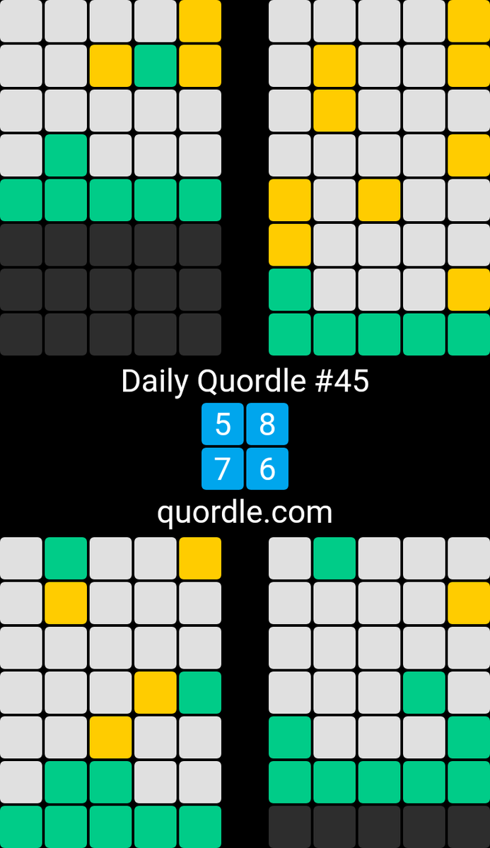 cat__ryan's tweet image. Daily Quordle #45
5️⃣8️⃣
7️⃣6️⃣
quordle.com