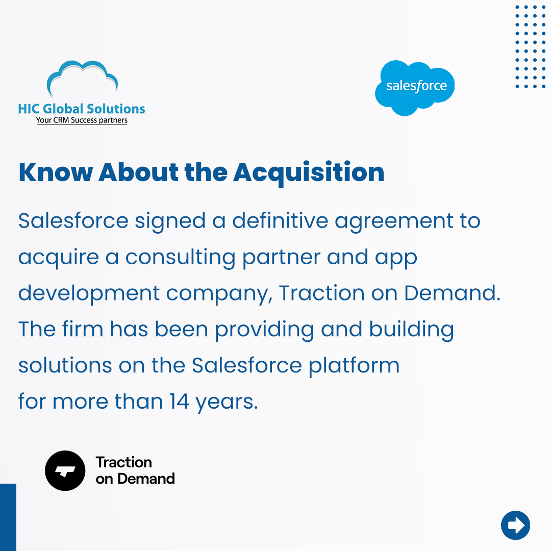 HeadInCloudInc's tweet photo. Salesforce signs a definitive agreement to acquire Traction on Demand. Learn everything about this acquisition here https://t.co/sKZKOUzsJH @partnerforce @SalesforceNews @salesforce #salesforce #acquires #tractionondemand #tractionondemandacquisition #consultingfirm #acquisition https://t.co/AknBXFF7IS