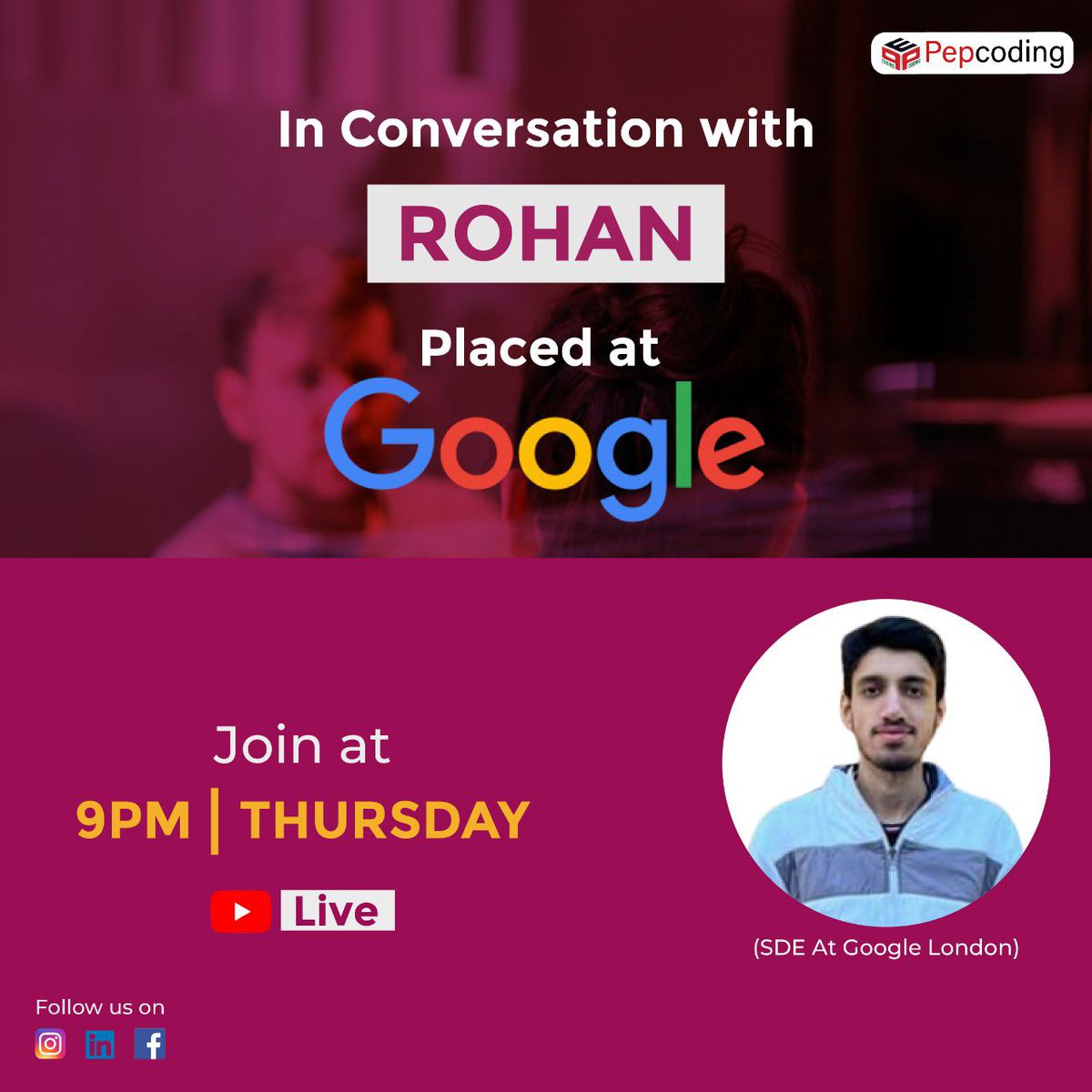 PepCoding's tweet image. Gear up for this LIVE Webinar. Know how you can get into Google, London and crack more such technical interviews with amazing packages, at sharp 9 pm TONIGHT - 10 March 2022.
📌 Tap on the link and set the Reminder.
youtu.be/tNSD5x0MZiw
#livewebinar #google #carrermotivation