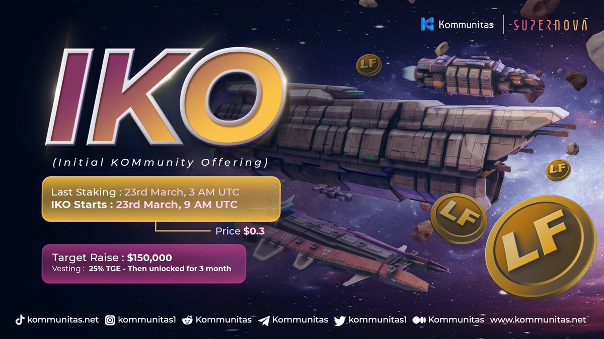 kommunitasnet's tweet image. 🚀 Kommunitas is ready to blast off to the moon on our IKO with @SupernovaVerse !

🔫 Supernova is a sci-fi sandbox survival MMORPG in an open world featuring indirect controls and an open economy with play to earn mechanics. Read more: link.medium.com/mcFFE8kbhob