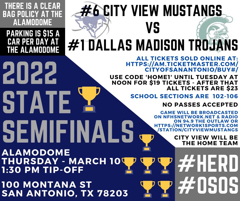 CVMustangsHoops's tweet photo. ๐จ๐ GAME DAY ๐๐จ
๐STATE SEMIFINALS๐
๐: Dallas Madison Trojans
๐
: March 10, 2022
โฐ: 1:30
๐: Alamodome
๐: Ticketmaster
๐ป: Tune in to 94.9 The Outlaw or https://t.co/ujMDZWw9vC
๐ฅ: https://t.co/MhC3AwGwRk
#HERD ๐
#OSOS ๐ด
#GoldMedalChasing๐ฅ
#GoldBallSeason๐๐๐๐๐๐ https://t.co/FO1p9u8dGx
