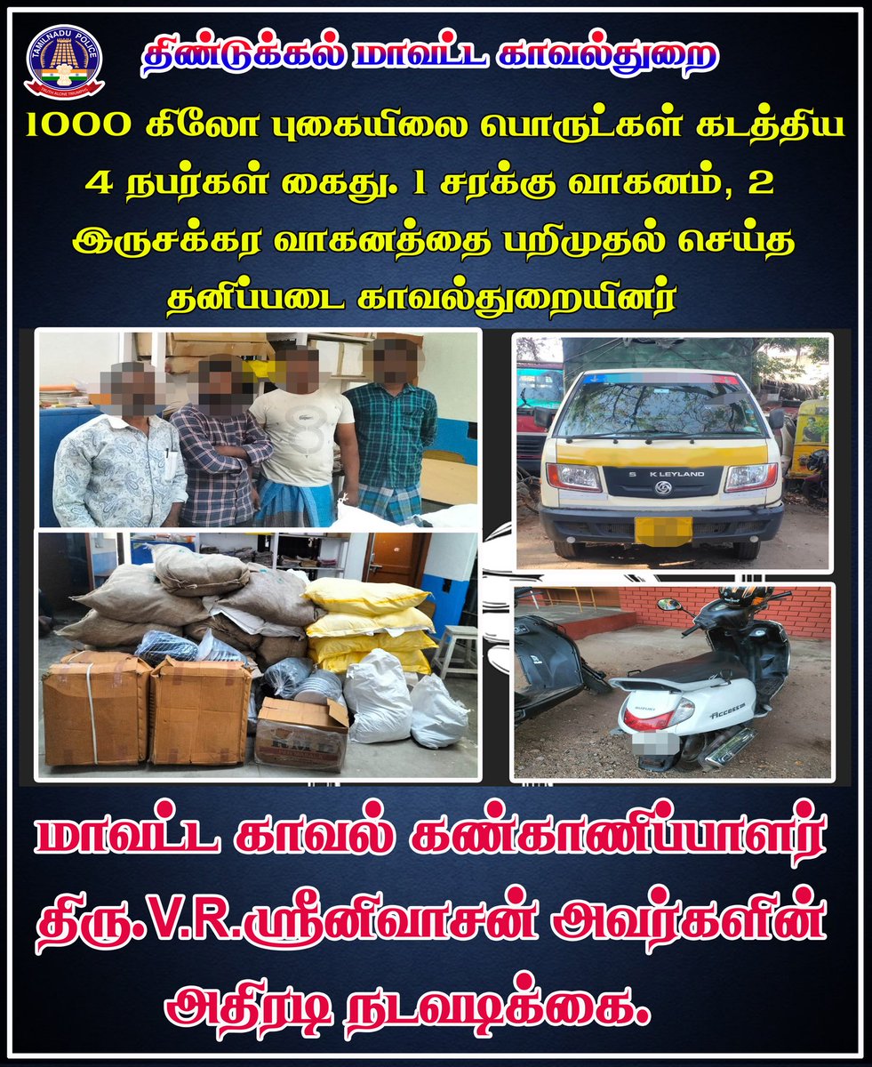 Dindiguldistri1's tweet photo. 1000 கிலோ புகையிலை பொருட்கள் கடத்திய 4 நபர்கள் கைது. 1 சரக்கு வாகனம், 2 இருசக்கர வாகனத்தை பறிமுதல் செய்த தனிப்படை காவல்துறையினர்.

மாவட்ட காவல் கண்காணிப்பாளர் திரு.V.R.ஸ்ரீனிவாசன் அவர்களின் அதிரடி நடவடிக்கை 

#dindiguldistrict #szsocialmedia1 #tnpolice https://t.co/R9r2rfT3iF