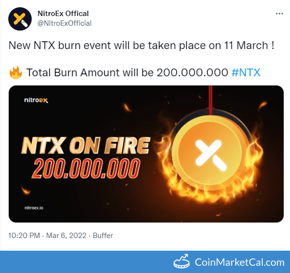🆕 New NitroEX $NTX event! 
 
11 March 2022 
NTX Token Burn  
 
Source: coinmarketcal.com/en/event/ntx-t…