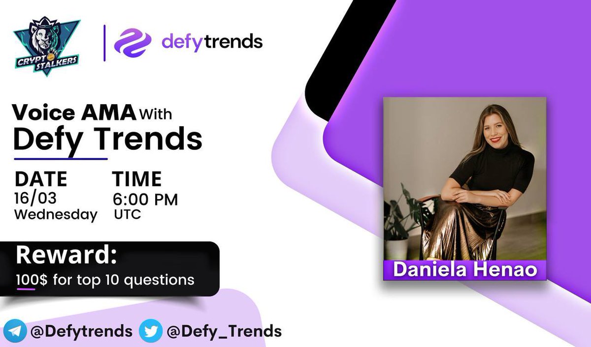Zain_Onchain's tweet photo. 📢 We're thrilled to announce our next #voiceAMA with @Defy_Trends on 16th March at 6:00 PM UTC

💰 Reward Pool: 100$
📍 Venue: https://t.co/i30P1fX6MO
〽️ Rules:
✅ Follow @StalkersCrypto &amp; @Defy_Trends 
✅ Like &amp; Retweet
✅ Comment Questions &amp; Tag 3 Friends with BEP20 address https://t.co/BoCaqOwTvx